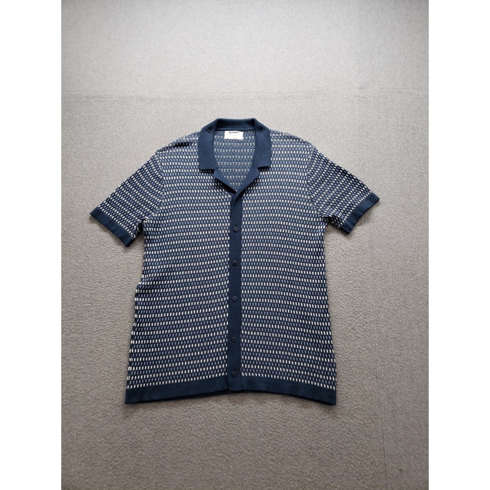 Old Navy Men Polo‎ M Blue Geometric Cotton Button Down Knit Short Sleeve Casual